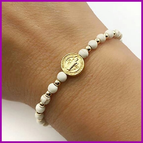 Adjustable Saint Benedict Coin Bracelet with Beads, Spiritual Jewelry - Picture 4 of 8